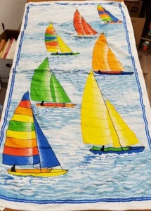 Vintage Hiltex Beach Bath Towel Ocean Sailboats 100% Cotton Terry Cloth 58x27 - Picture 1 of 4