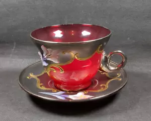 Vintage Ruby Red, Hand Painted, Cup and Saucer - Metal Effect Handle To Cup - Picture 1 of 21