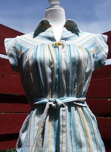 70er Vintage Damengröße 10 Shirt gestreift V-Ausschnitt Gürtel elastischer Bund Flügelärmel - Bild 1 von 12
