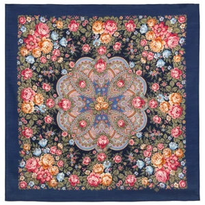 Blue Pavlovo Posad Shawl, Original Russian Wool Platok 35x35" FLORAL NYMPH - Picture 1 of 5