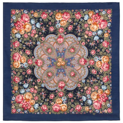Blue Pavlovo Posad Shawl, Original Russian Wool Platok 35x35" FLORAL NYMPH - Image 1 of 4