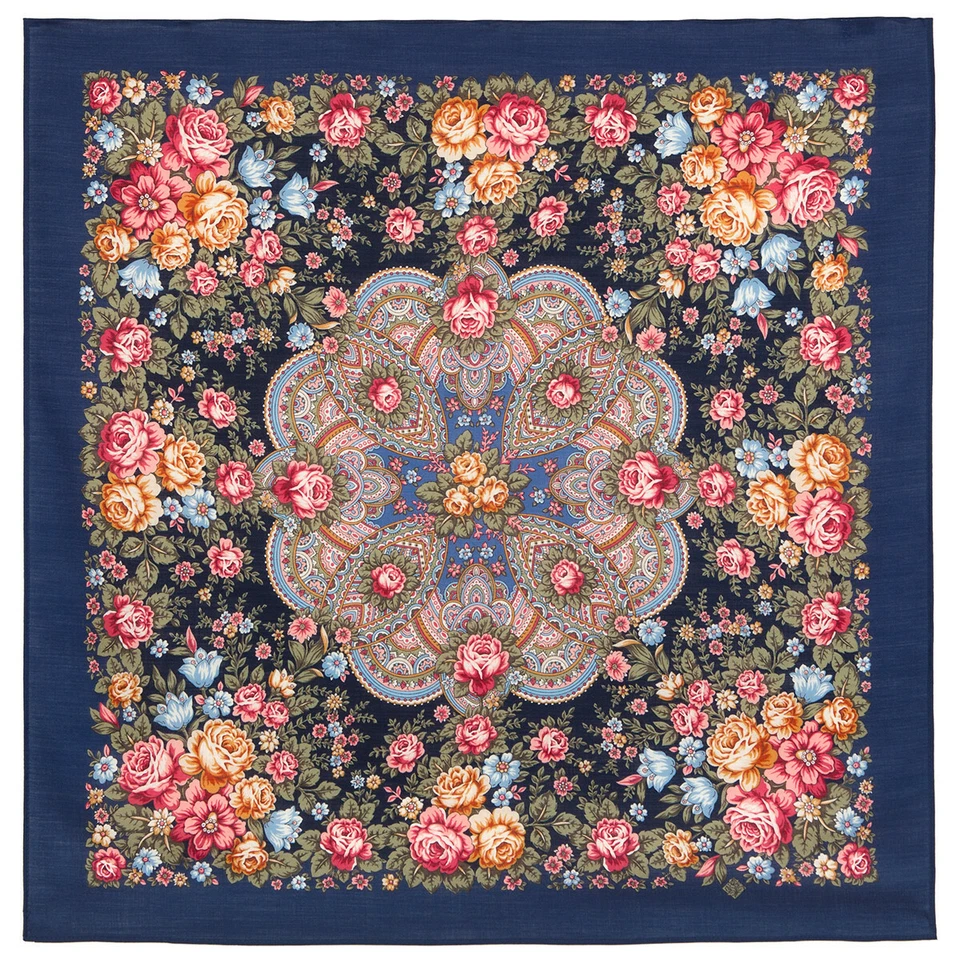 Blue Pavlovo Posad Shawl, Original Russian Wool Platok 35x35" FLORAL NYMPH - Image 1 of 4