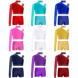 Kids Girls 2 Piece Sequin Dance Outfit Set Activewear Dancewear Costume - Picture 1 of 90