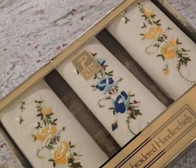 3 Handkerchief Romantic Embroidered Floral White W/ Yellow Blue 100% Cotton NEW - Image 1 of 4