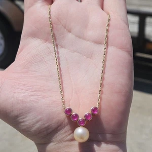 14K Yellow Gold Ruby & Natural Pearl Static Pendant Necklace 17 Inches 7.45 Gram - Picture 1 of 15