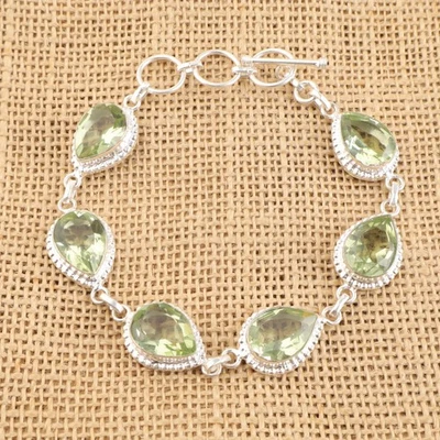 925 Sterling Silver Green Amethyst Stone Chain Daughter Gift Bracelet Jewelry - Image 1 of 4