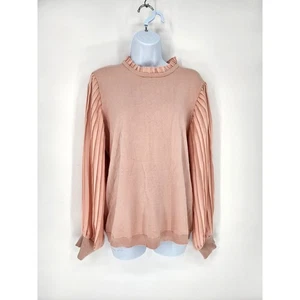 Adrianna Papell Blush Ruffle Neck Pleated Sleeve Sweater Women’s Size Large - Picture 1 of 14