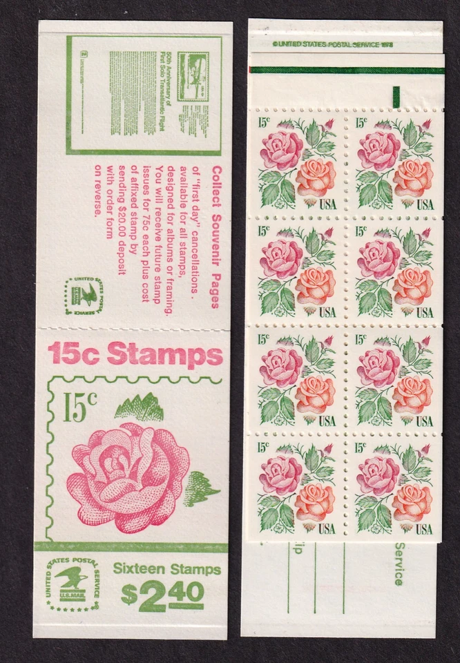 1978 Pink Rose 15c mint BOOKLET Sc BK134 (2 Sc 1737a panes) green tab variety - Image 1 of 1