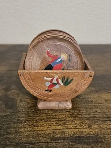 Juego de 6 posavasos de madera vintage pintados a mano hechos en Japón ocupado con soporte - Imagen 1 de 14