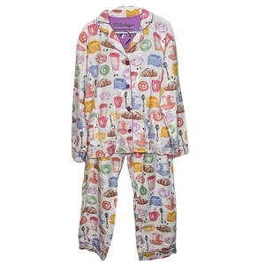 PJ Salvage Large Flannel Pajama Set Donuts Coffee Button-Up Long Sleeves Ab25 - Picture 1 of 12