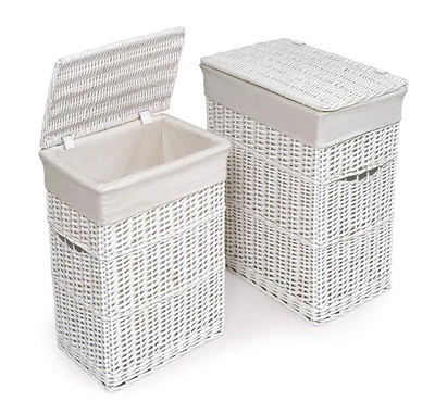 Wicker Nursery Laundry Hampers with Liners and Lid - Set of 2 - White/White - Image 1 of 4