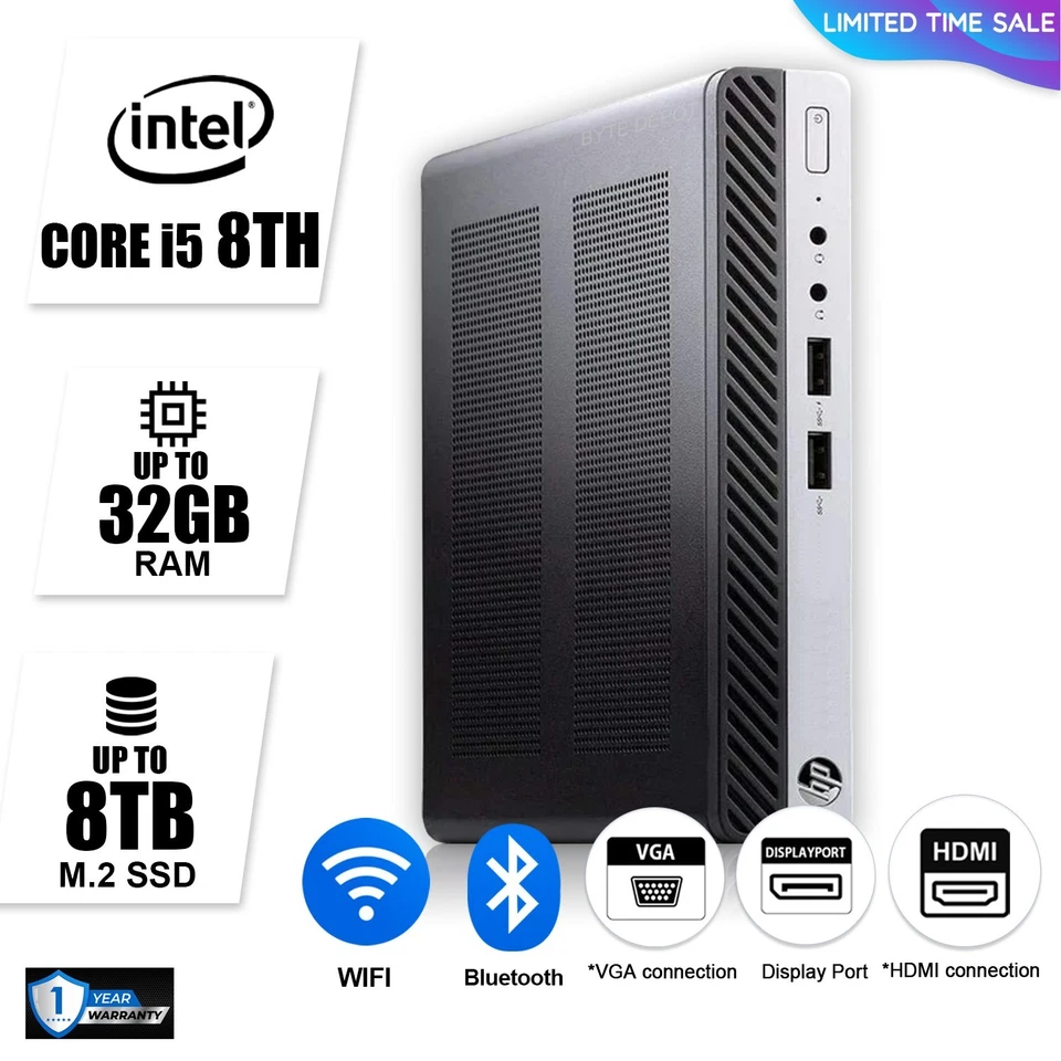 HP Mini Desktop Computer PC i5 8th, up to 32GB RAM, 2TB SSD  Windows 11/10, WiFi - Image 1 of 4