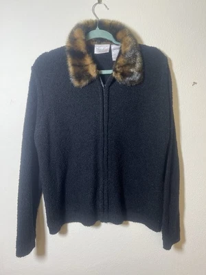 Suéter tejido Kathie Lee para mujer elegante con cremallera frontal con cuello de piel de tigre sintética grande Foto 1 de 4