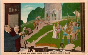 Vtg RI Postcard Hotel Viking Grill Room Mural Of Old Stone Mill Newport Unposted - Picture 1 of 2