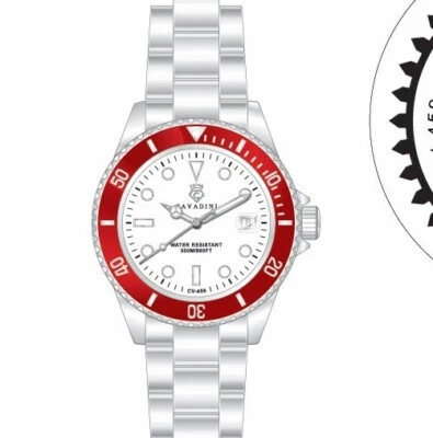 CAVADINI Advantage Herrenuhr Taucher massiv Edelstahl Quarz 30 Bar 40mm weiß-rot - Bild 1 von 3