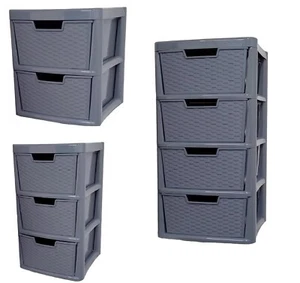 Plastic Storage 2/3/4 Drawers Unit Large Grey Rattan Effect Home Office Garage - Picture 1 of 25