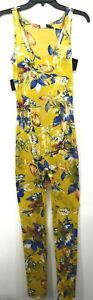 Cleo Womens Skaterback Yellow Floral Print Strap Side Jumpsuit Stretch Size M