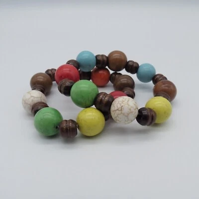 Pulsera elástica con cuentas multicolores de 2 piezas Boho Statement 6,75" Foto 1 de 4