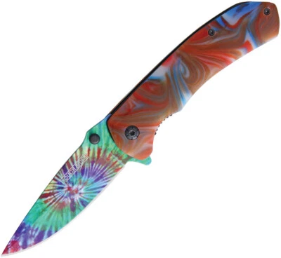 Rough Rider Tie Dye Assisted Open A/O Red & Blue Swirl Folding Pocket Knife 1909 - Image 1 of 2