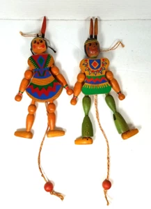 Vintage Indianer Indianer Junge & Mädchen Hampelmann Holz Zugschnur Österreich - Bild 1 von 22