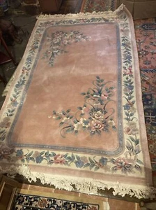 Chinese Hand Knotted Wool Rug Aubusson Carved Pink Blue 5 X 8 - Picture 1 of 17