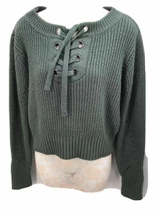 Kendall & Kylie Women’s Sx LG Lace Up V-Neck Cropped Chunky Ribbed Sweater - Picture 1 of 3