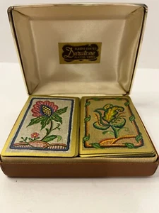 Vintage Duratone kunststoffbeschichtete Doppeldeck Blumen Spielkarten mit Lederhülle - Bild 1 von 7