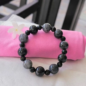 Burmese Jade Bracelet Chinese Ink Color Gray Black Round Beads with Black Step - Picture 1 of 10