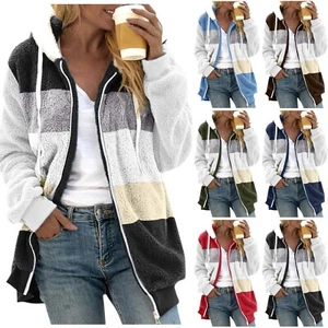 Women's Fashion Stitching Loose Hoodies Long Sleeve Plush Zipper Coat - Picture 1 of 30