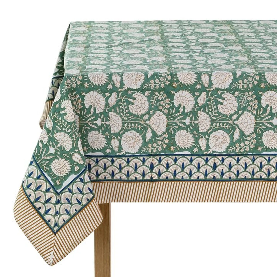 Ridhi Turquoise Moss Green Hand Block Print Cotton Rectangle Tablecloth 120 X... - Image 1 of 4