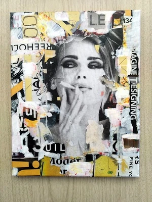 Collage de medios mixtos arte pop sobre lienzo 11x14 cartelera graffiti moda original Foto 1 de 4