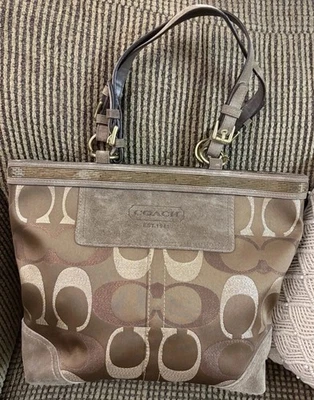 Coach 10445 Brown Beige Signature Big C Beaded Metallic Suede Tote Bag Y2K Retro - Image 1 of 4