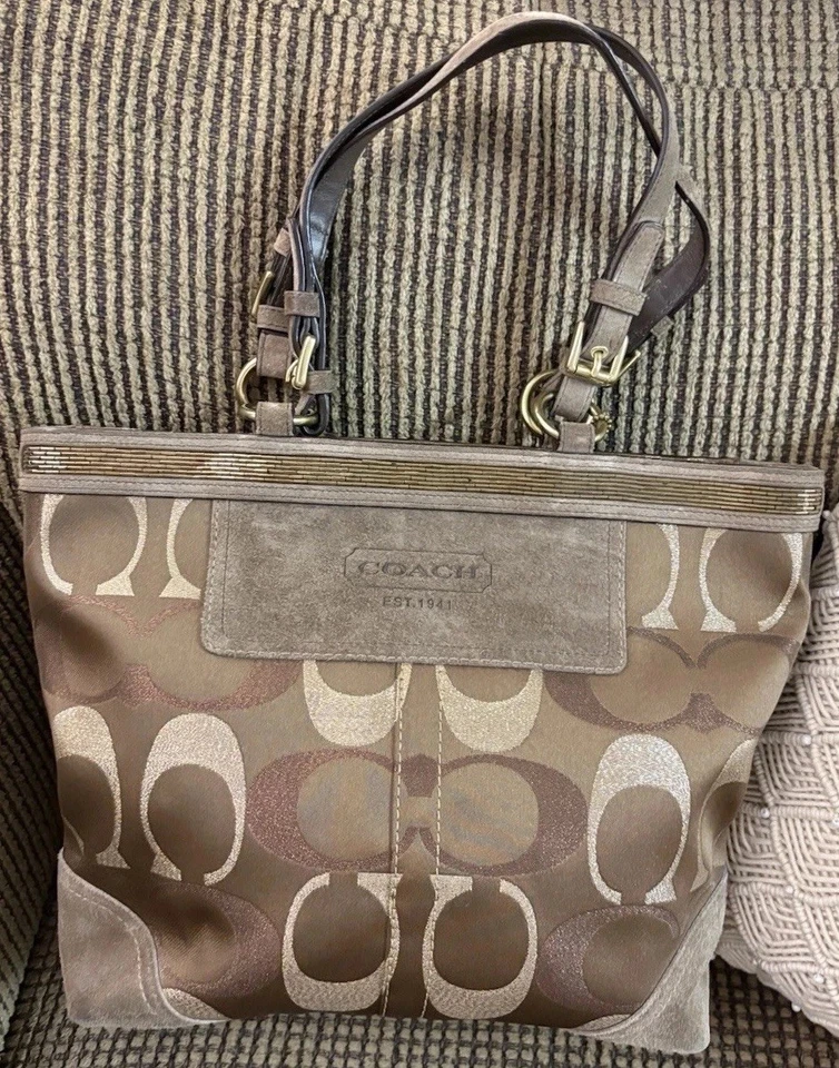 Bolso de Mano Coach 10445 Marrón Beige Firma Grande C Cuentas Gamuza Metálica Y2K Retro Foto 1 de 4