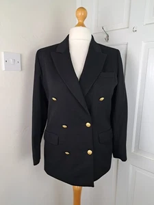 ST MICHAEL Black 100% Wool Double Breasted Gold Button Blazer Size 14 Petite - Picture 1 of 5