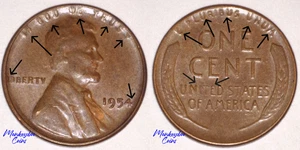 1954 Lincoln Wheat Cent - Devouring Die Deterioration & Strike-Through - Error - Picture 1 of 10