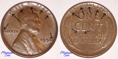 1954 Lincoln Wheat Cent - Devouring Die Deterioration & Strike-Through  - Error - Image 1 of 4