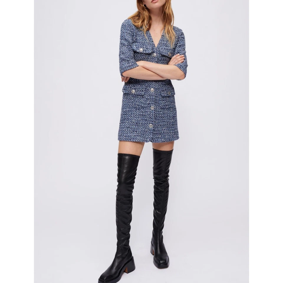Платье Maje Tweed на пуговицах спереди классическое опрятное Rollye вязаное синее 38 среднее - Изображение 1 из 4