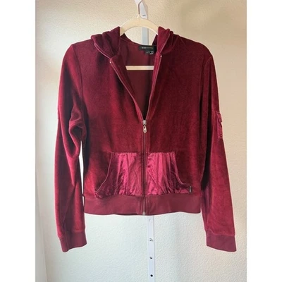 Chaqueta con Capucha BCBGMAXAZRIA Borgoña Terciopelo Y2K Cremallera Talla L Foto 1 de 4