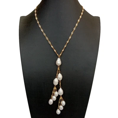 Cultured White Rice Pearl Cubic Zirconia Oval Bezel Set Chain Necklace 18" - Image 1 of 4