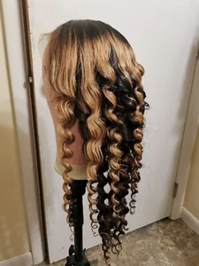 High Quality Ombre Blonde 24'' Curly Soft Virgin Human Hair Front Lace Wig - Picture 1 of 22