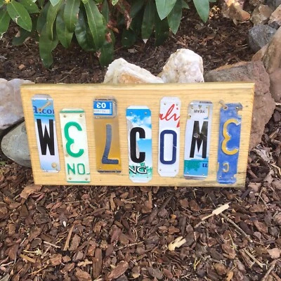 Handmade Salvage Bluestain Pine / Used License Plate Welcome Sign / Wall Art - Image 1 of 4