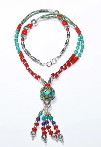 Tibetan Turquoise Red Coral Lapis  Gemstone Handmade Nepali Necklace 18 Inches - Picture 1 of 5