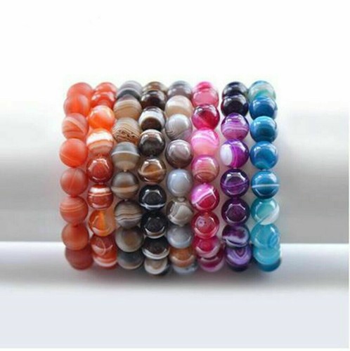 VALENTINO Bracciale elastico perline pietre preziose rotonde agata a righe multicolore 10 mm 7 5'' AAA