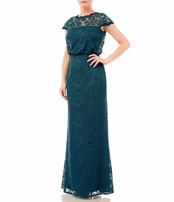 JS COLLECTIONS Teal Blue Embroidered Corded Lace Sheer Yoke Blouson Maxi Gown 10 - Image 1 of 3