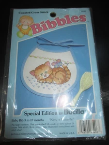 BUCILLA Vintage KITTY 'N BUTTERFLY Cross Stitch BABY BIB KIT - 1990's - Picture 1 of 2