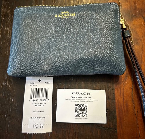 Coach 58032 Borsa a mano in pelle con zip angolare da polso blu nuova con etichette
