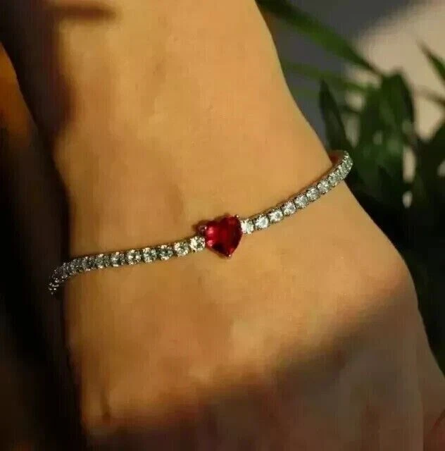 12Ct Created Red Ruby Heart Tennis Bridal Women's Bracelet 14K White Gold Finish - Image 1 of 4
