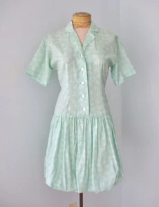 Vtg 80s Mint Green White Tied Bow Print Drop Waist Dress Bubble Hem Tieback S/M - Picture 1 of 4