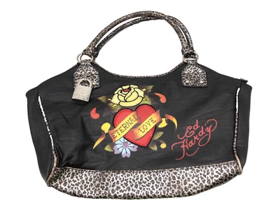 Vintage Ed Hardy Eternal Love Colorful Tattoo Design Black Purse Handbag Read - Image 1 of 4