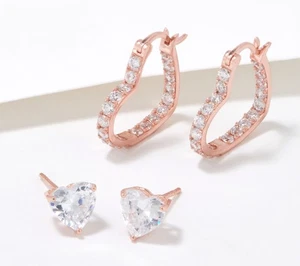 Diamonique Sterling Silver Roseclad Heart Stud & Hoop Earrings Set of 2 Boxed - Picture 1 of 1